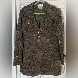 Papillon LA Coat Size M Brown/Green Lined Pleats Pockets Decorative Tab Sleeves